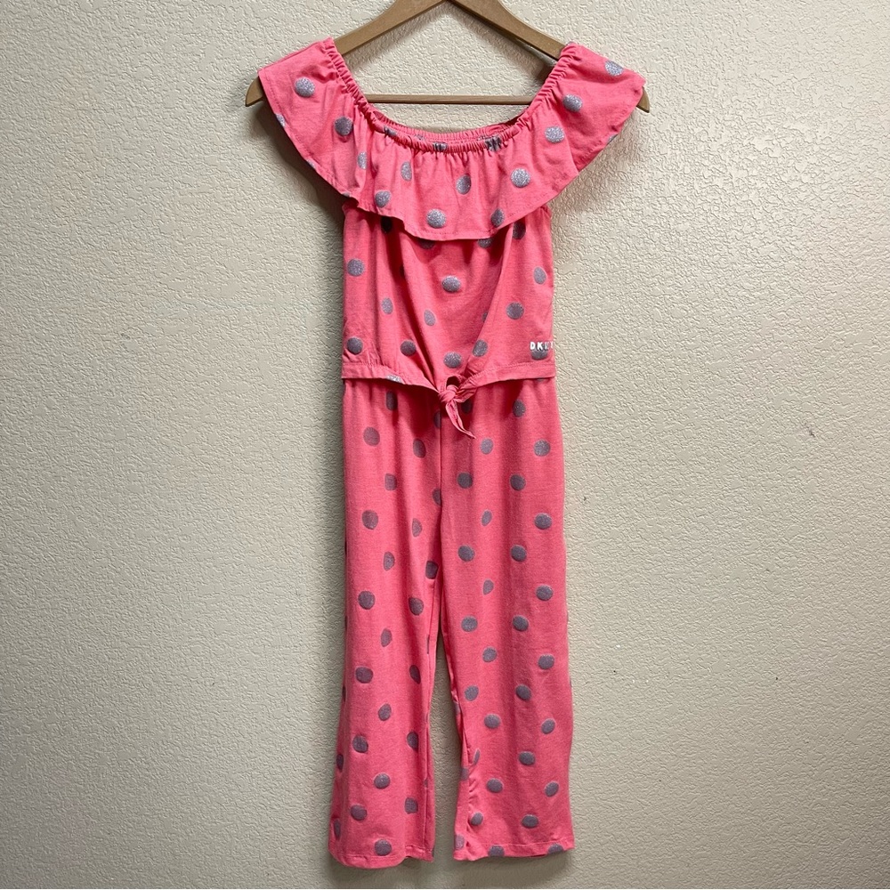 🛍️3/$15🛍️ DKNY Girls Romper Jumpsuit size 6 Coral Pink Silver Polka Dot